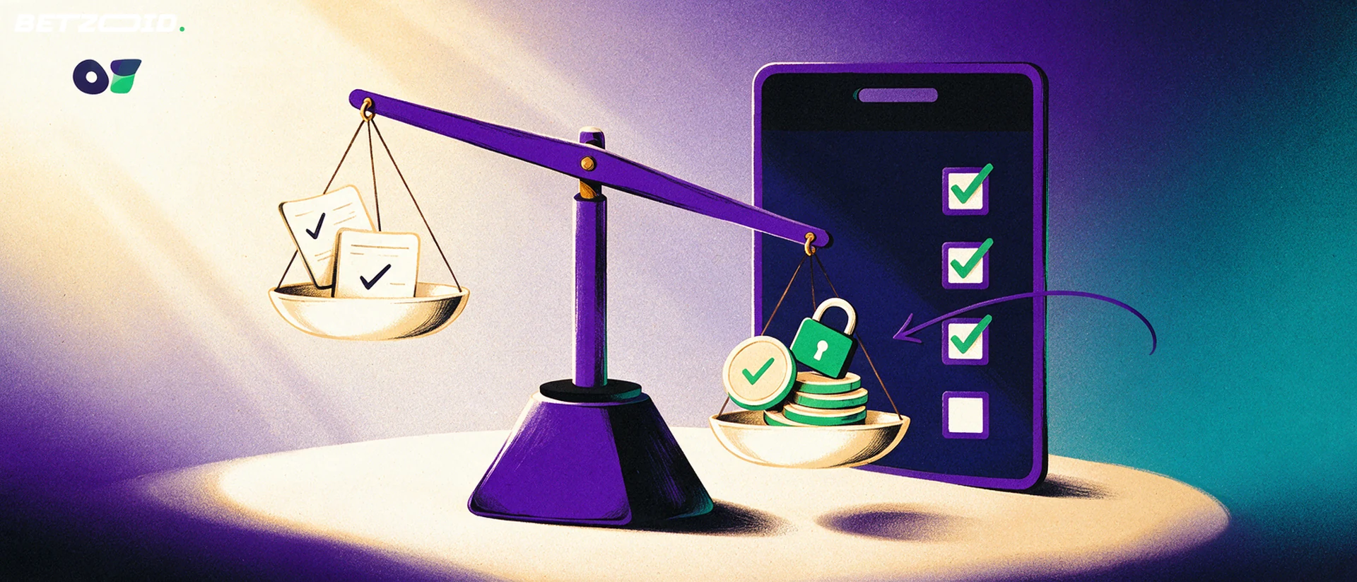 Illustration of a balance scale weighing betting slips against a padlock and coins beside a clipboard with green ticks.
