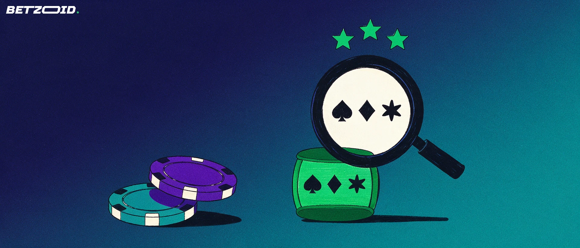 Illustration of a magnifying glass enlarging card-suit and star symbols on a slot reel beside stacked casino chips and three rating stars.