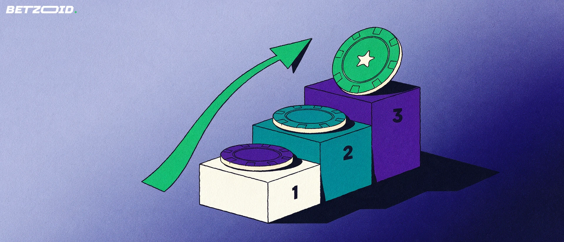 Illustration of three casino chips standing on a numbered three-step podium with a rising green arrow indicating ranking order.