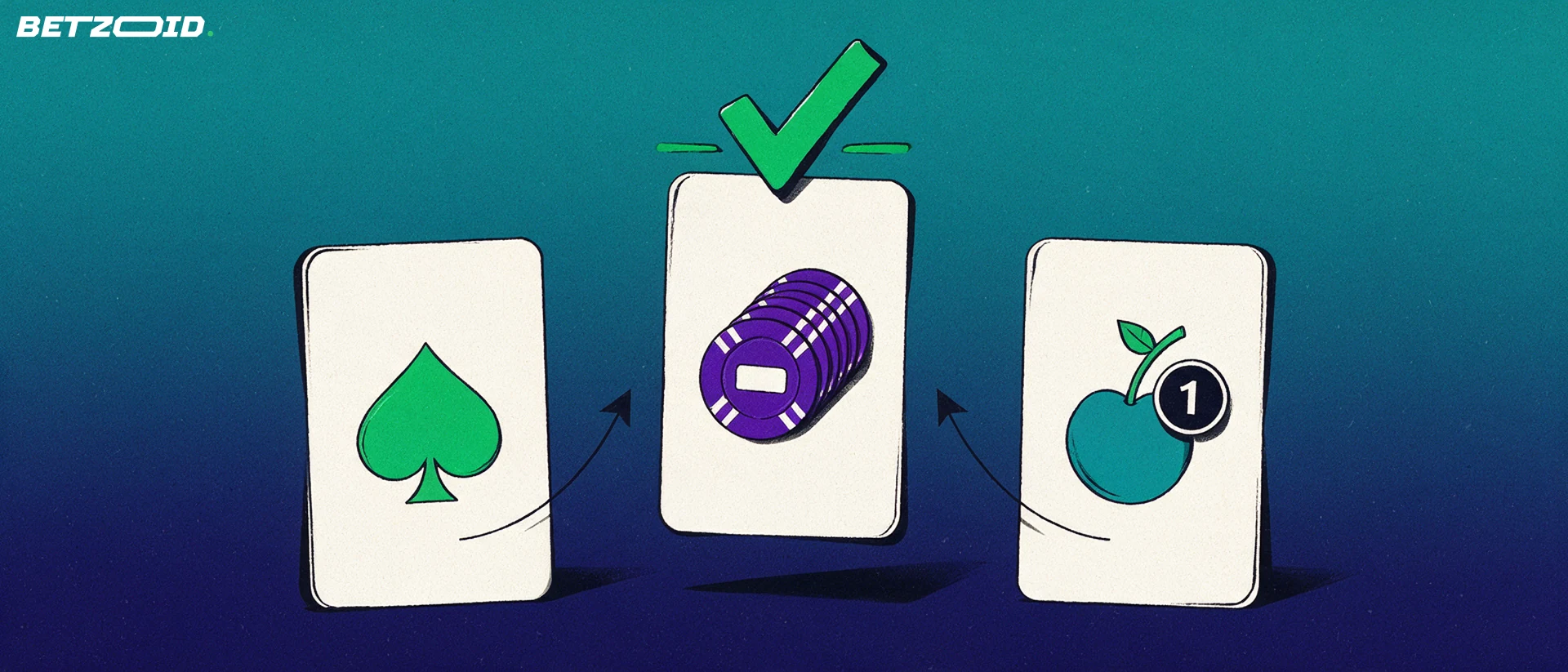 Illustration of three cards with casino symbols, the middle one raised with a checkmark above it.