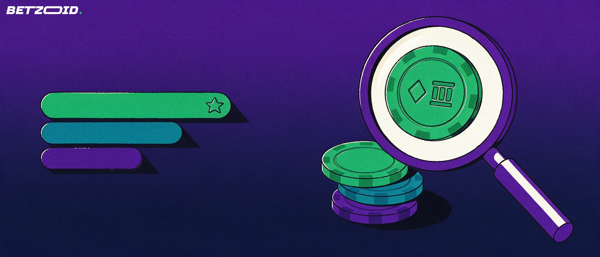 Illustration of a magnifying glass inspecting stacked casino chips beside a small ranking bar chart.