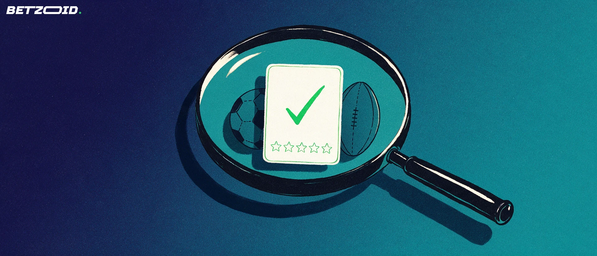 Illustration of a magnifying glass inspecting a review card with a checkmark and five stars beside a soccer ball and rugby ball.