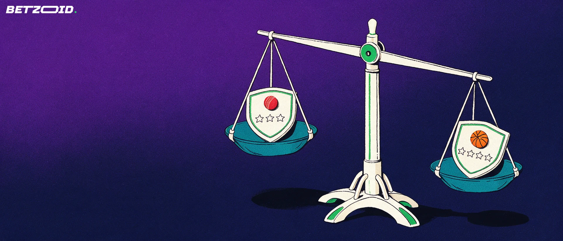 Illustration of a balance scale weighing two star-rated plaques, one with a cricket ball and one with a basketball.