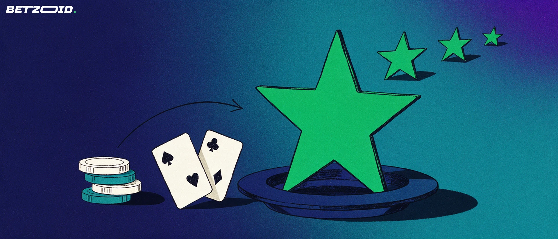 Illustration of a large green star award plaque beside a stack of casino chips and two blank playing cards, with three smaller rising stars forming a rating scale.
