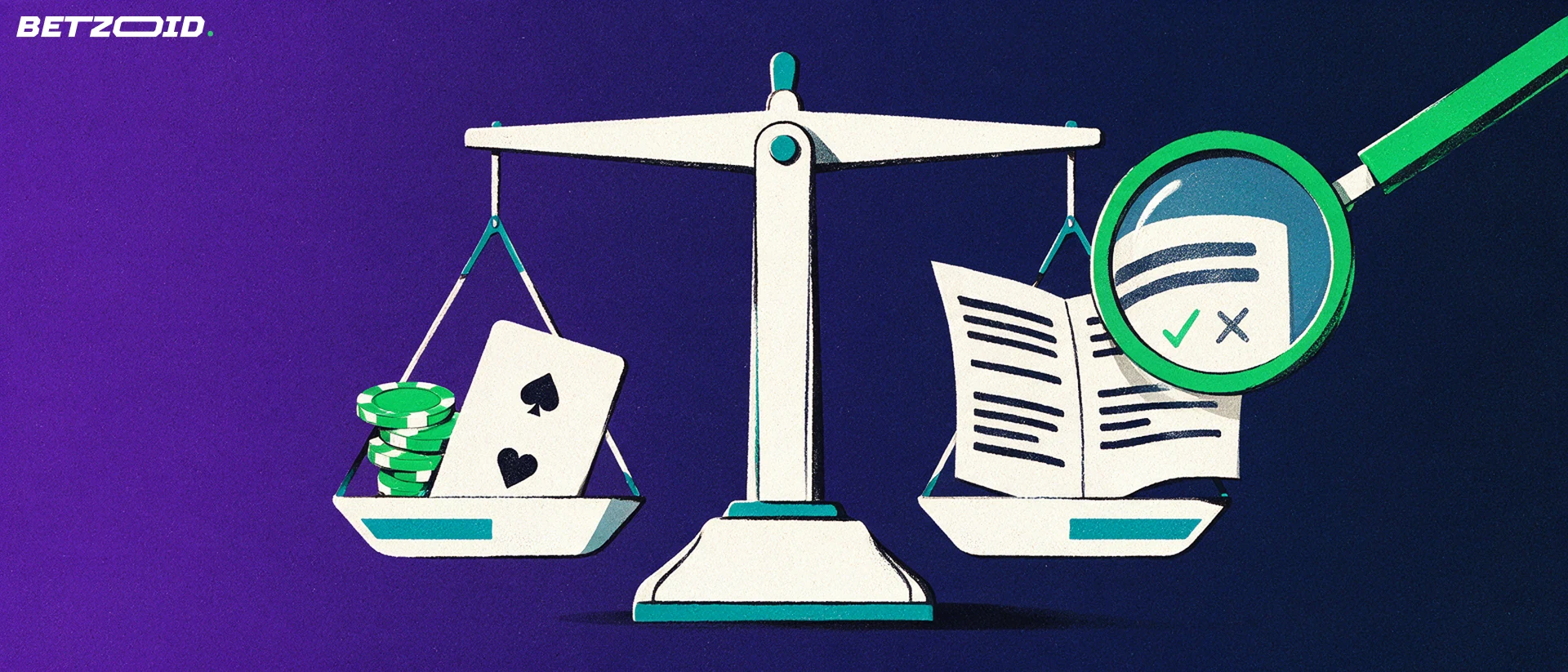 Illustration of a balance scale weighing casino chips and a playing card against a folded rulebook page with check and cross marks, inspected by a large magnifying glass.