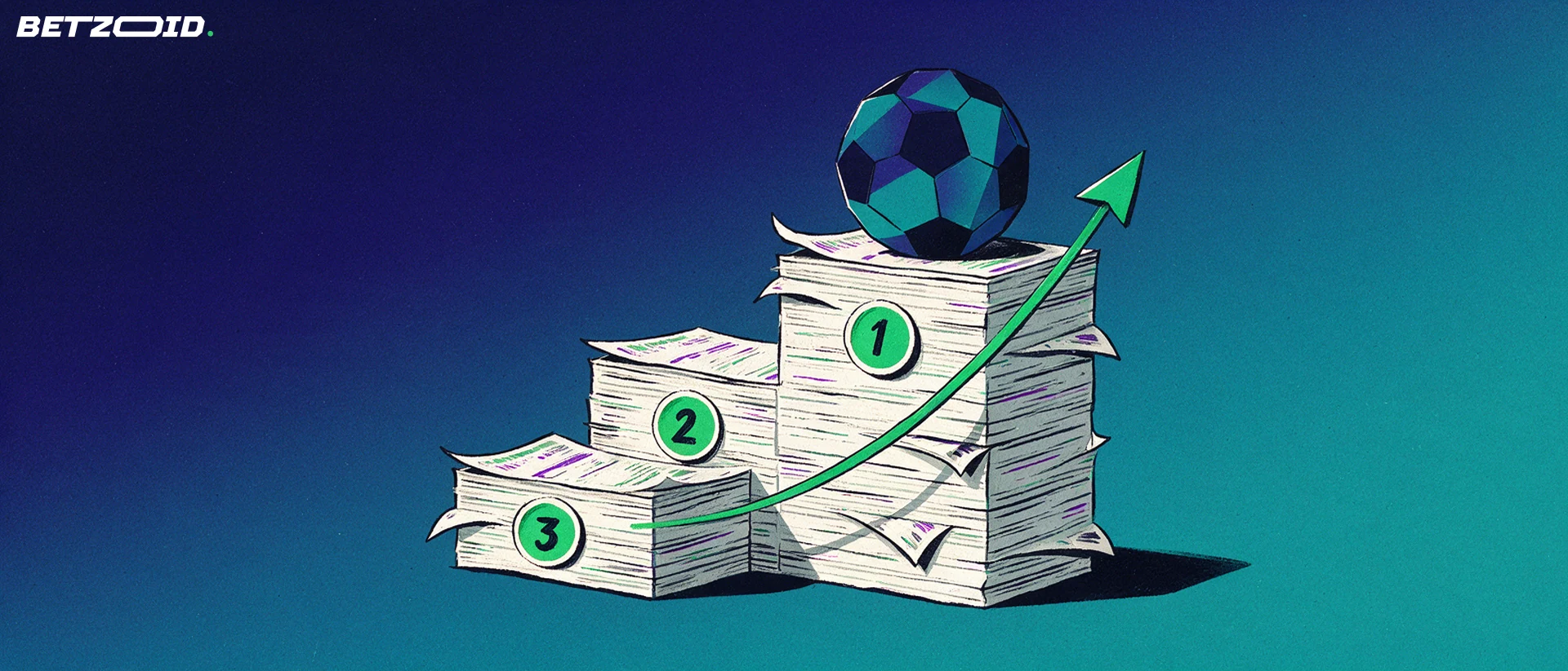 Ilustración de un podio de tres escalones hecho con boletos de apuestas, con insignias numeradas 1, 2 y 3, un balón de fútbol en el escalón más alto y una flecha ascendente.