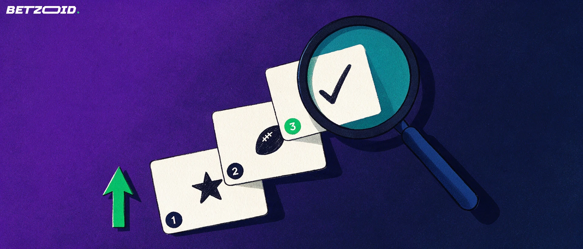 Ilustración de una lupa que examina tres tarjetas de valoración con una estrella, un balón y una marca de verificación, junto a una flecha verde que indica el orden.