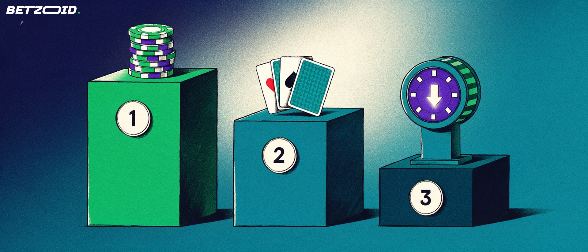Ilustración de un podio de tres niveles con fichas de casino, cartas y un tambor de tragaperras, con distintivos numéricos 1, 2 y 3.