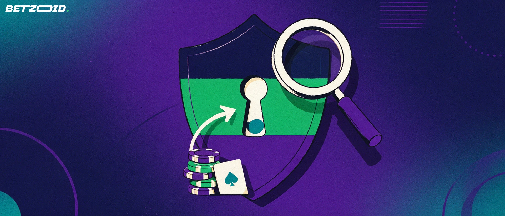 Ilustración de un escudo con cerradura examinado por una lupa, junto a fichas de casino y una carta, como símbolo de seguridad y fiabilidad.