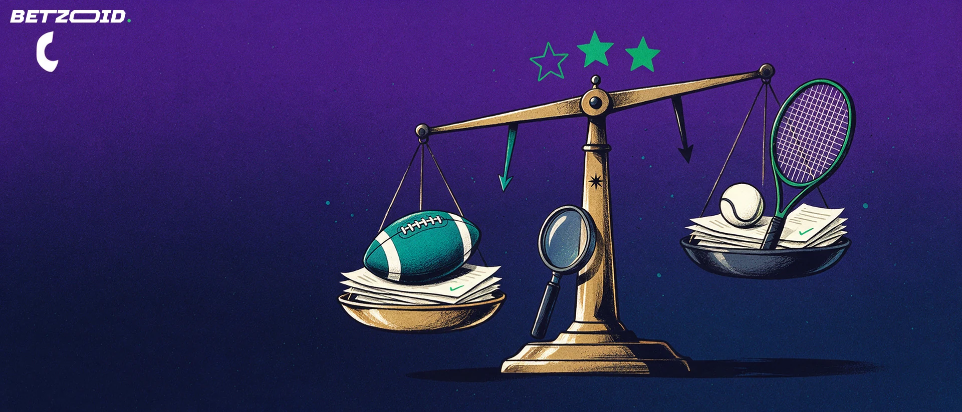 Ilustración de una balanza que compara dos montones de boletos de apuestas, con un balón de fútbol en un platillo y una raqueta con pelota de tenis en el otro, junto a estrellas de valoración y una lupa.