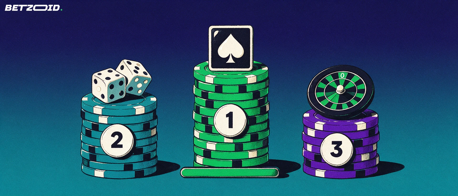 Ilustración de tres torres de fichas de casino como podio, con dados, una carta y una ruleta encima y placas numeradas 1, 2 y 3.