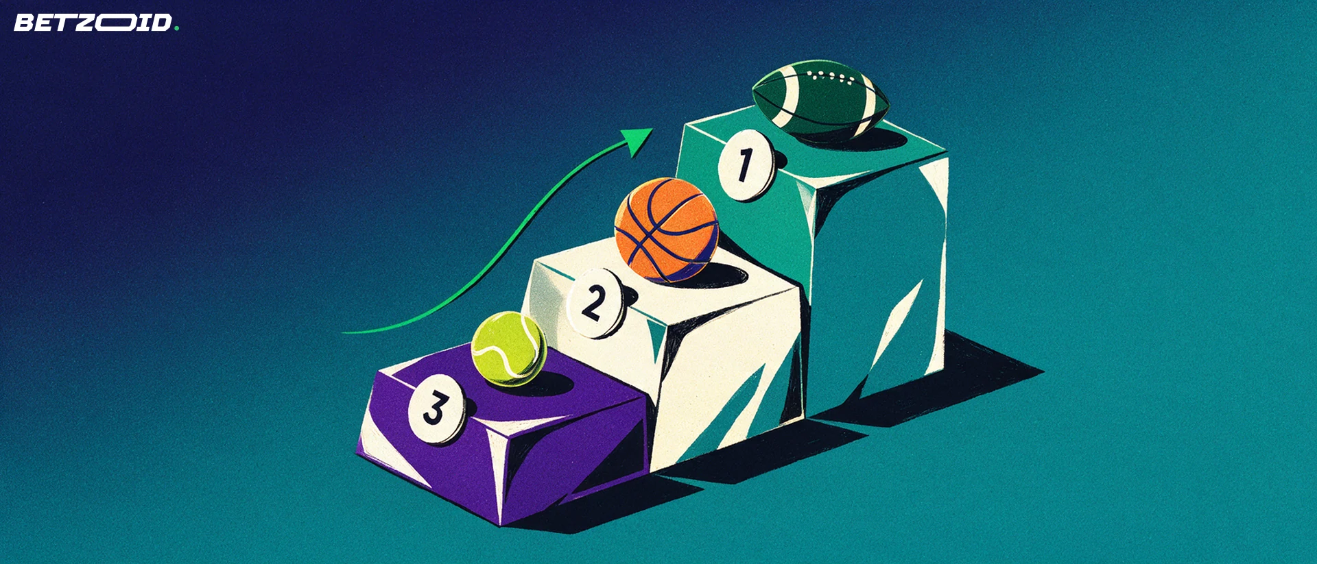 Ilustración de un podio de tres escalones con insignias numeradas 1, 2 y 3, cada escalón con un balón de fútbol, uno de baloncesto y una pelota de tenis, y una flecha ascendente.