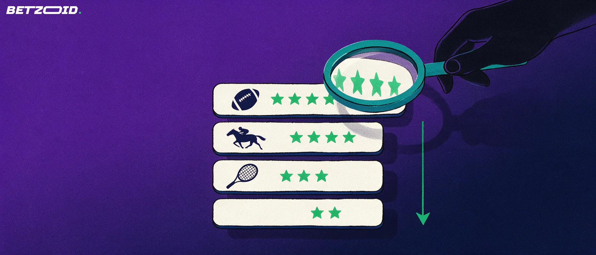 Ilustración de una lupa que examina una pila de fichas comparativas con iconos deportivos y marcas de estrellas, junto a una flecha que indica el orden.