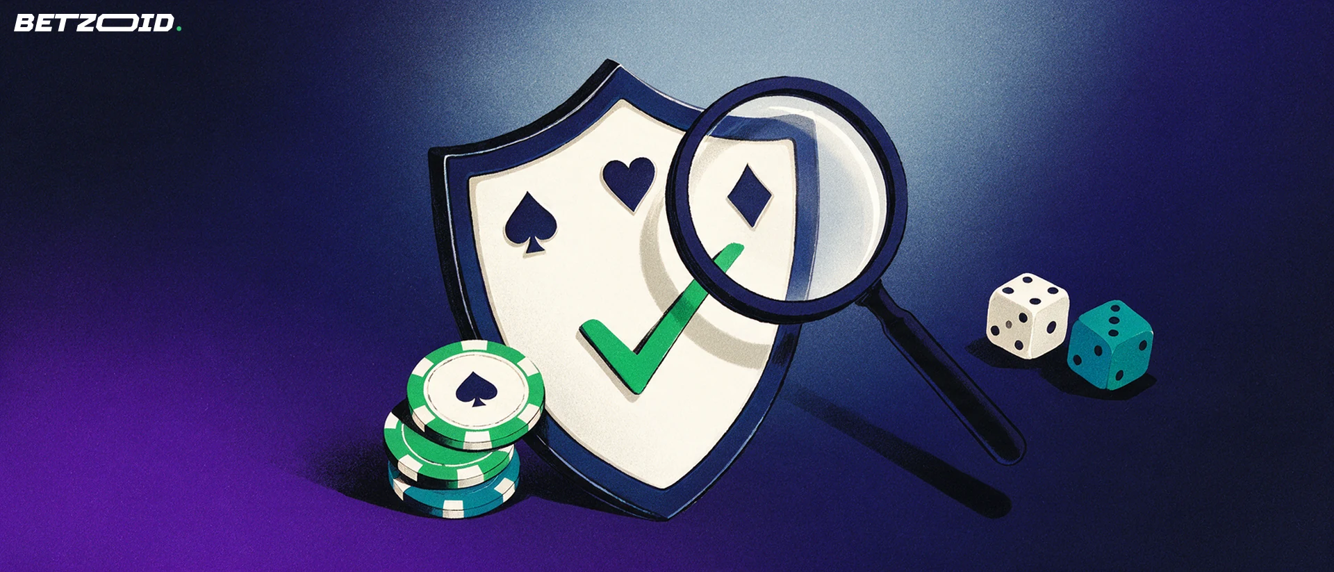 Ilustración de un escudo con símbolos de naipes y una marca de verificación, examinado por una lupa, con fichas de casino y dados apoyados al lado.