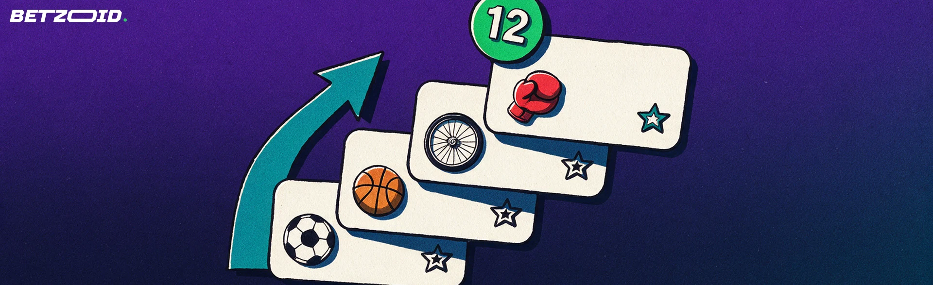 Ilustración de una lista ordenada de tarjetas en diagonal con iconos deportivos y estrellas, una flecha ascendente y una insignia con el número 12.