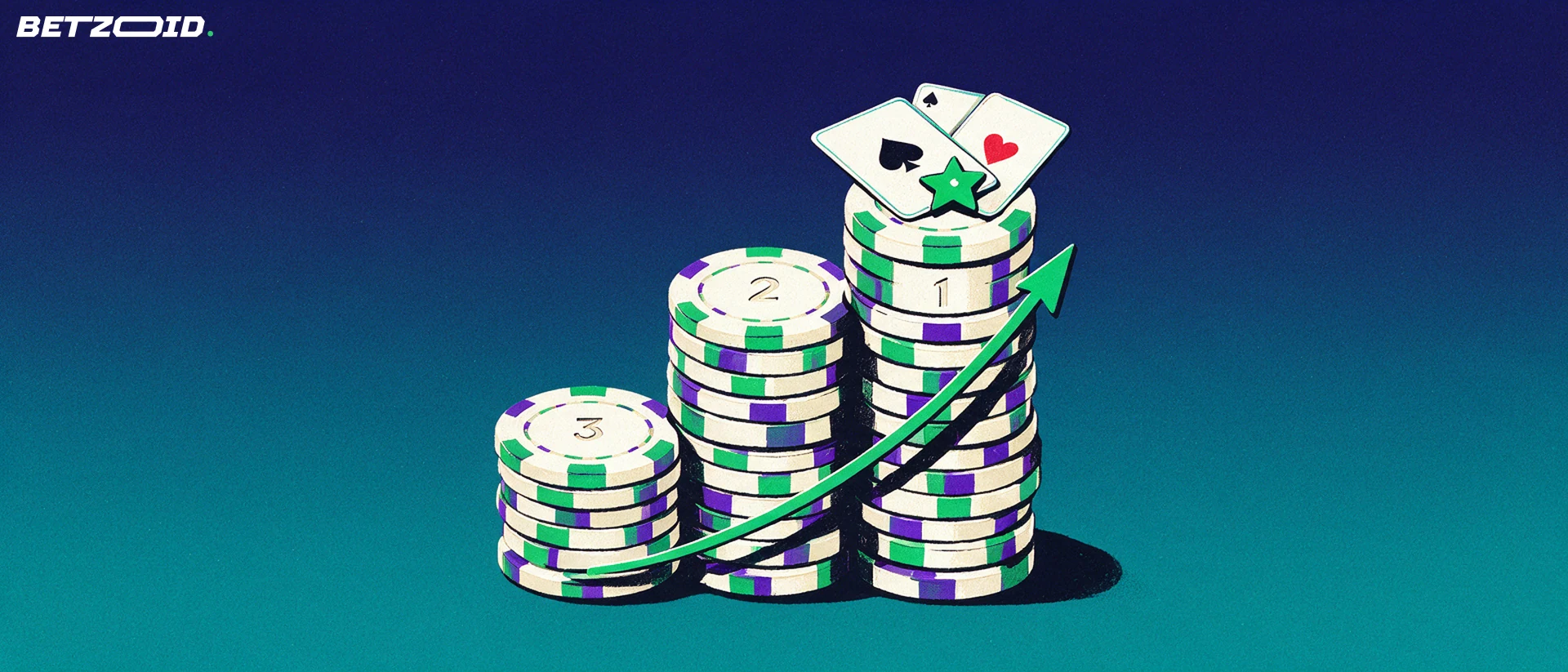 Ilustración de un podio de tres escalones hecho con fichas de casino, numerados 1, 2 y 3, con un abanico de cartas y una estrella en el escalón más alto.
