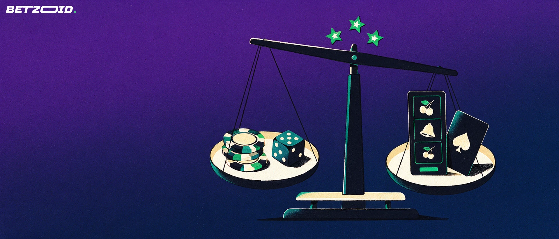 Ilustración de una balanza que compara fichas y un dado en un platillo con un rodillo de tragamonedas y una carta en el otro, con tres estrellas encima.