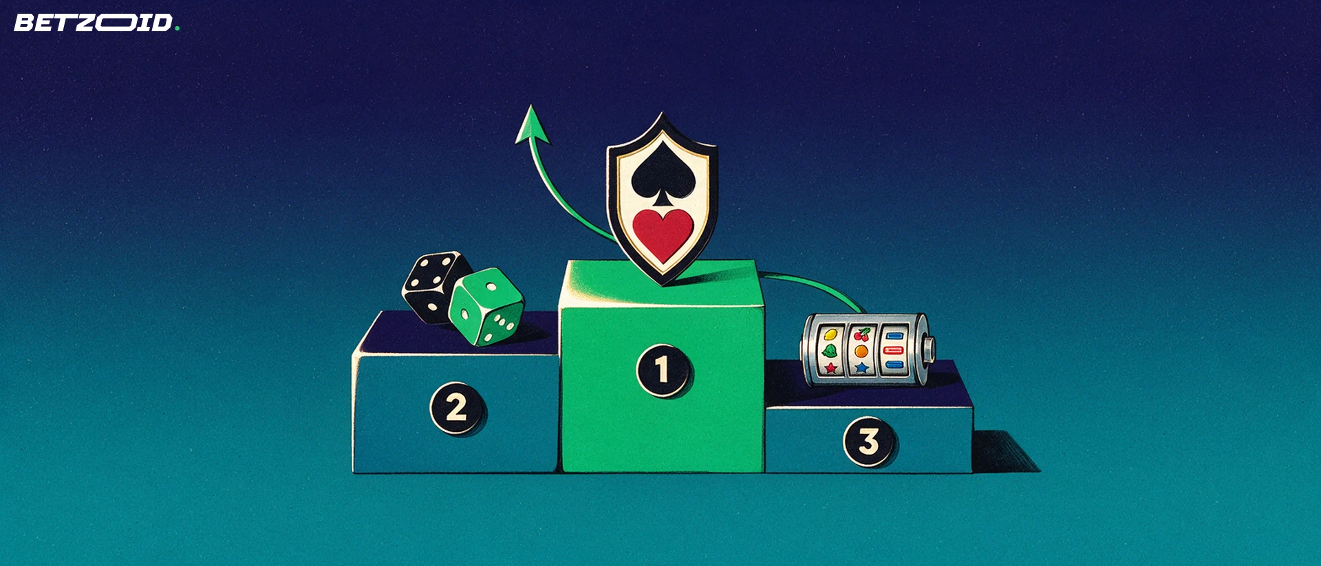 Ilustración de un podio de tres escalones con símbolos de casino: naipes, dados y un rodillo de tragamonedas, con insignias numeradas 1, 2 y 3.