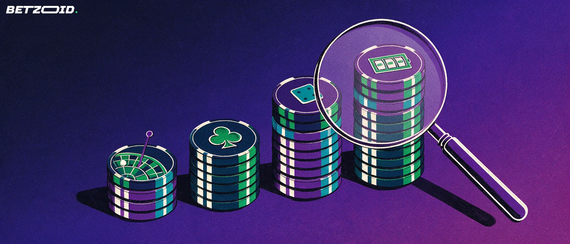 Ilustración de cuatro pilas de fichas de casino de distinta altura, cada una coronada por un símbolo de juego, observadas a través de una gran lupa.
