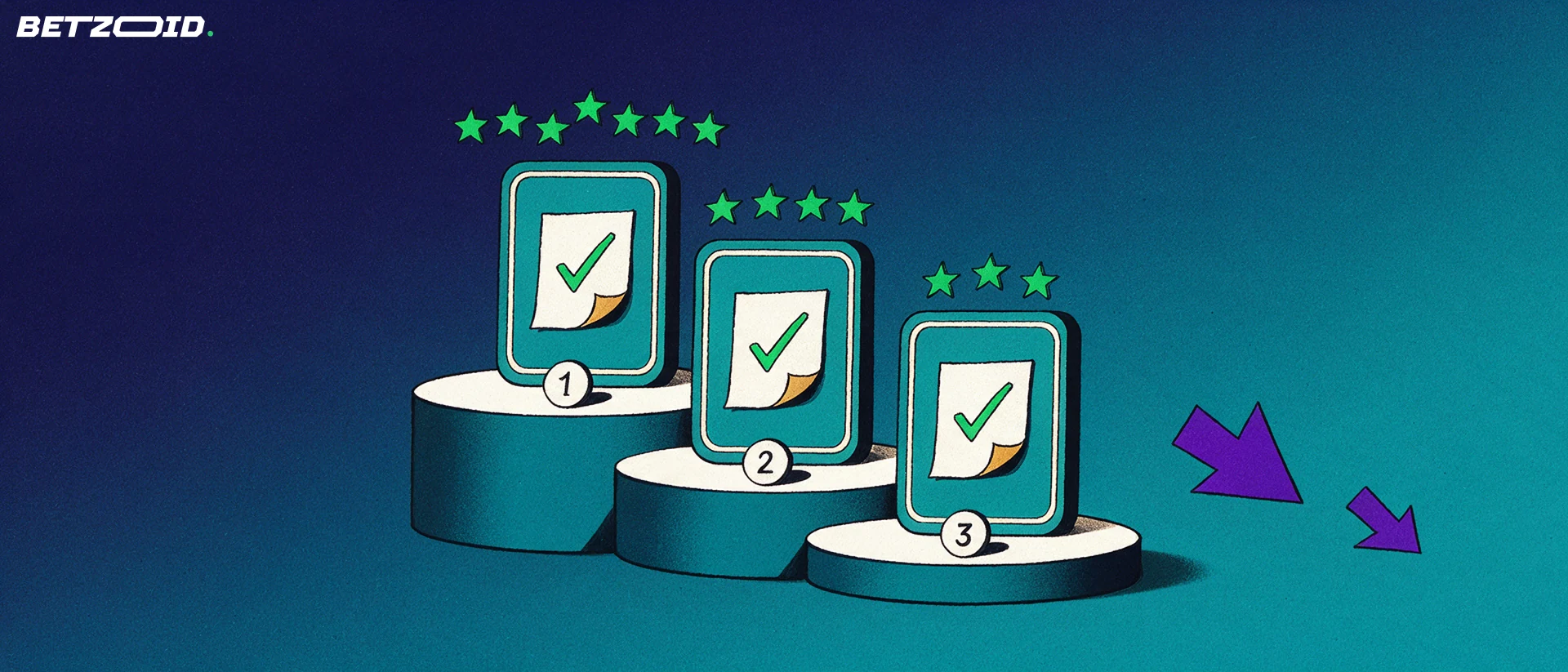Ilustração de três placas com emblemas de boletins de apostas num pódio de classificação, com fileiras de estrelas e crachás numerados 1, 2 e 3.