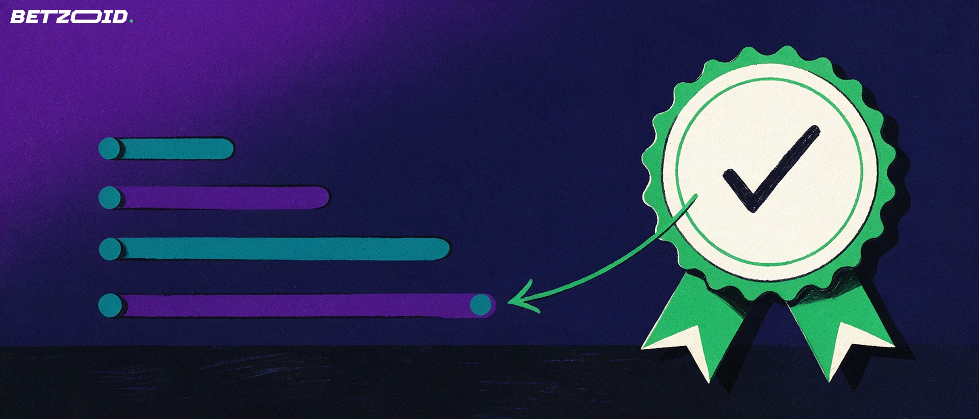 Ilustração de um grande selo de licença com marca de verificação ligado por uma seta a barras horizontais de comprimentos diferentes que formam uma classificação.