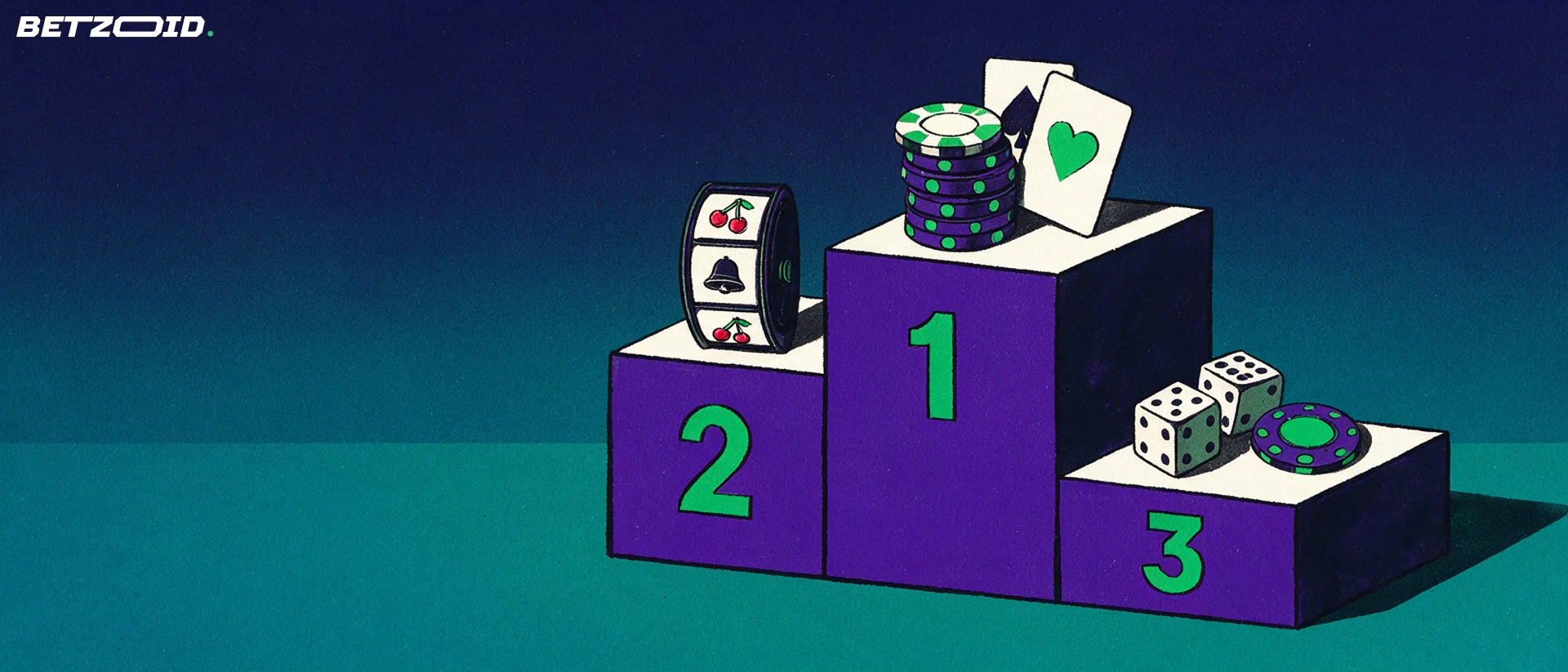 Ilustração de um pódio de três lugares com os números 1, 2 e 3, onde o degrau mais alto tem fichas e cartas de jogar, o segundo um rolo de slot e o terceiro dados.