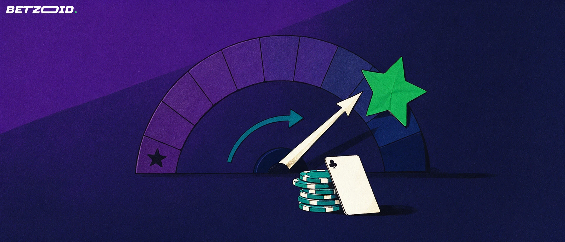 Ilustração de um mostrador semicircular de avaliação com estrelas crescentes e uma agulha a apontar para a estrela maior, com fichas de casino e uma carta de jogar à frente.