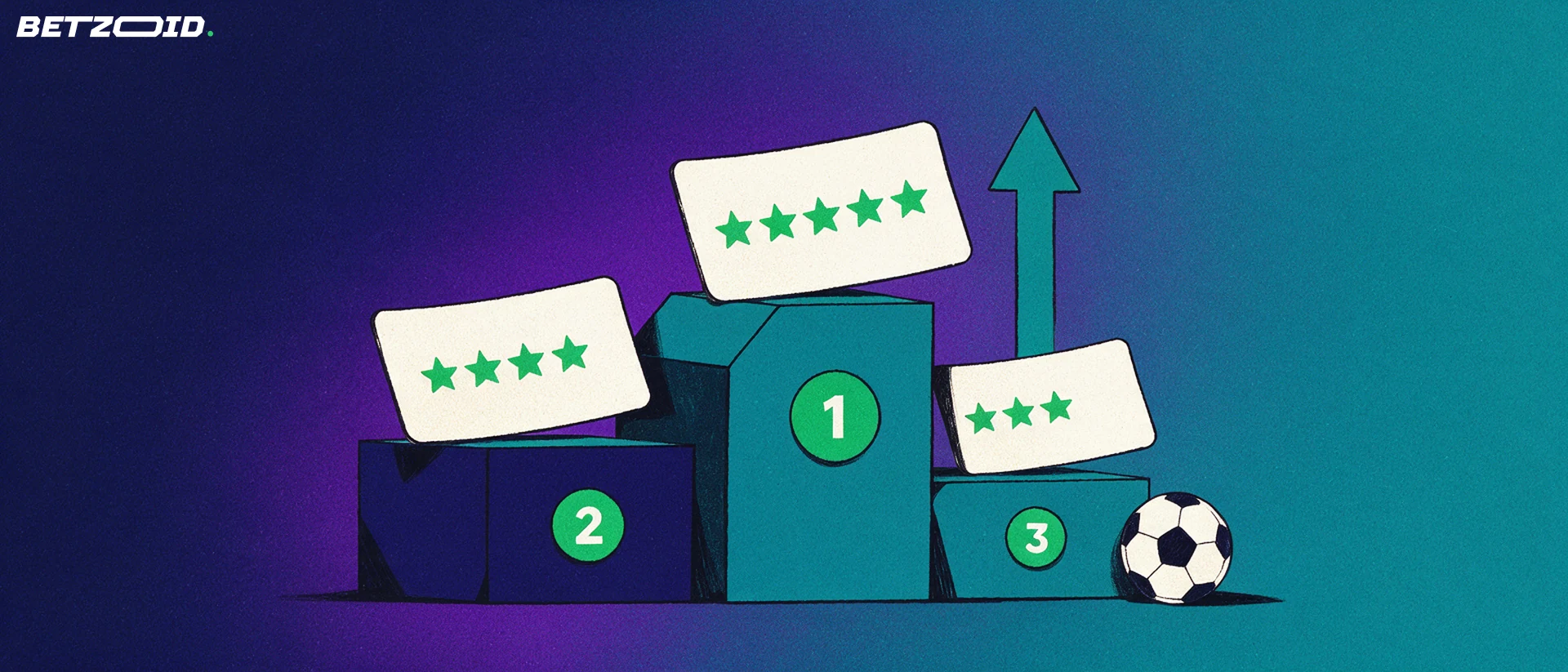 Ilustração de um pódio com três cartões de aposta classificados por estrelas, com selos numerados 1, 2 e 3 e uma bola de futebol ao lado.