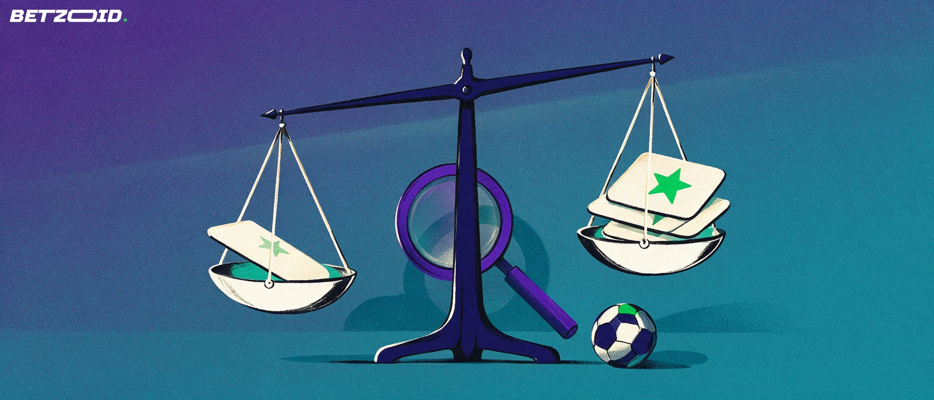 Ilustração de uma balança comparando cartões de aposta com estrelas de avaliação, com uma lupa examinando uma das estrelas e uma bola de futebol na base.