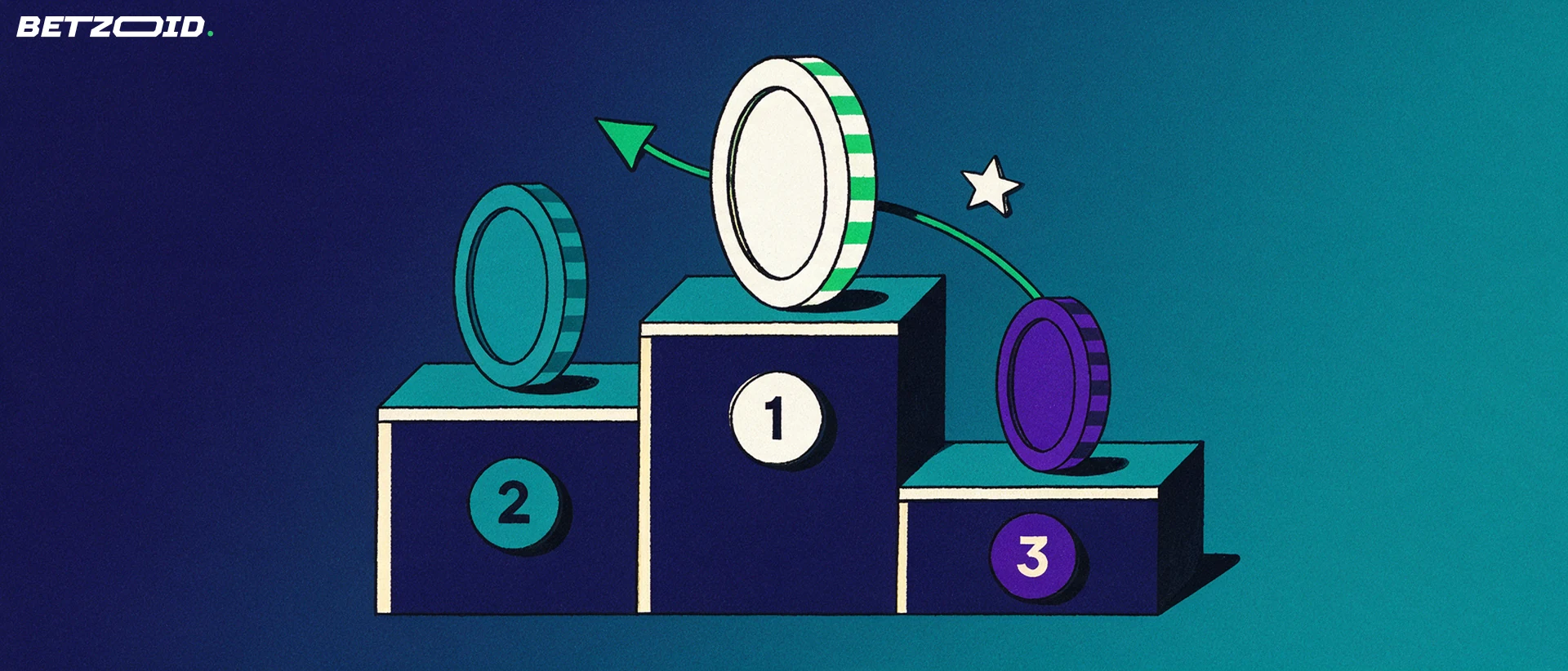 Ilustração de um pódio com três fichas de cassino de tamanhos diferentes sobre degraus numerados de 1 a 3, com uma seta verde subindo e uma estrela ao lado da primeira colocada.