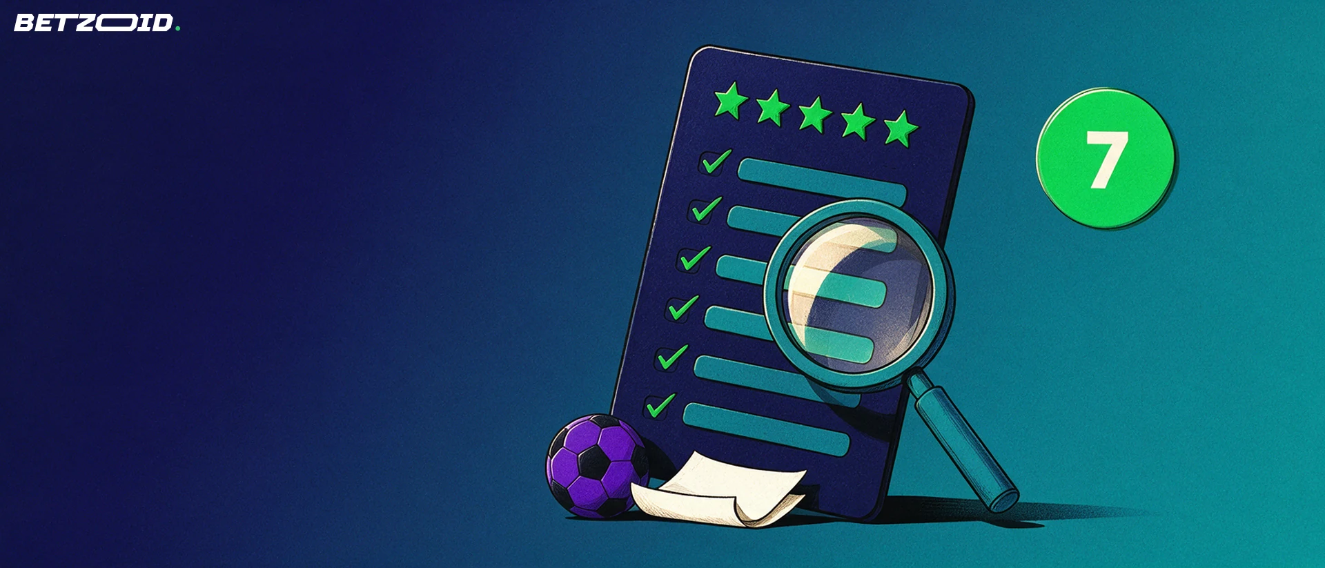 Illustrazione di una scheda di valutazione con cinque stelle e sette criteri spuntati, esaminata da una lente d'ingrandimento accanto a un pallone e a una schedina.