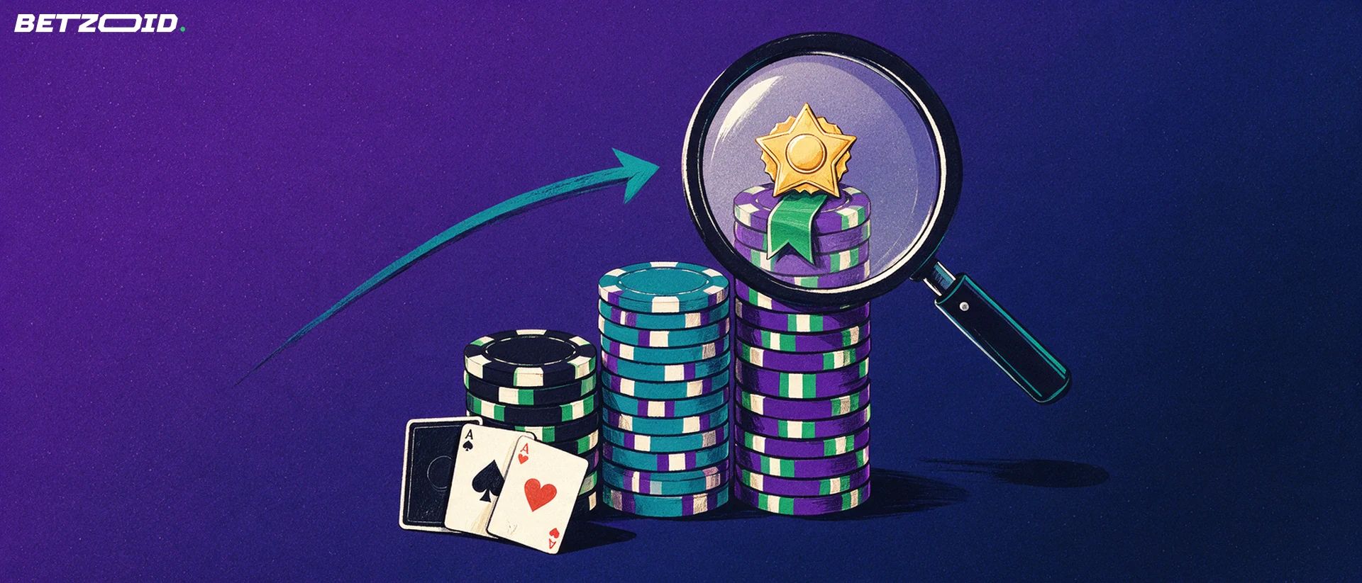 Illustrazione di tre pile di fiches da casinò di altezze diverse, con una medaglia a stella sulla pila più alta osservata da una grande lente d'ingrandimento e alcune carte da gioco alla base.