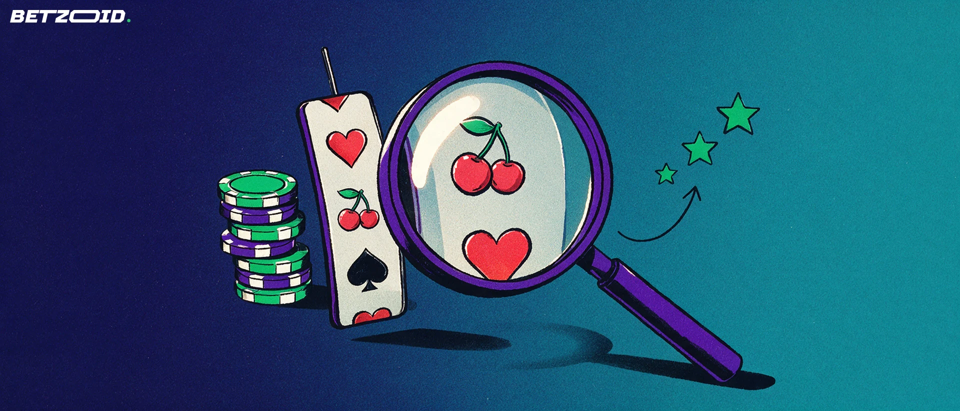 Illustration einer großen Lupe, die eine Walze eines Spielautomaten und einen Stapel Casino-Chips vergrößert, daneben drei Sterne als Bewertungssymbol.