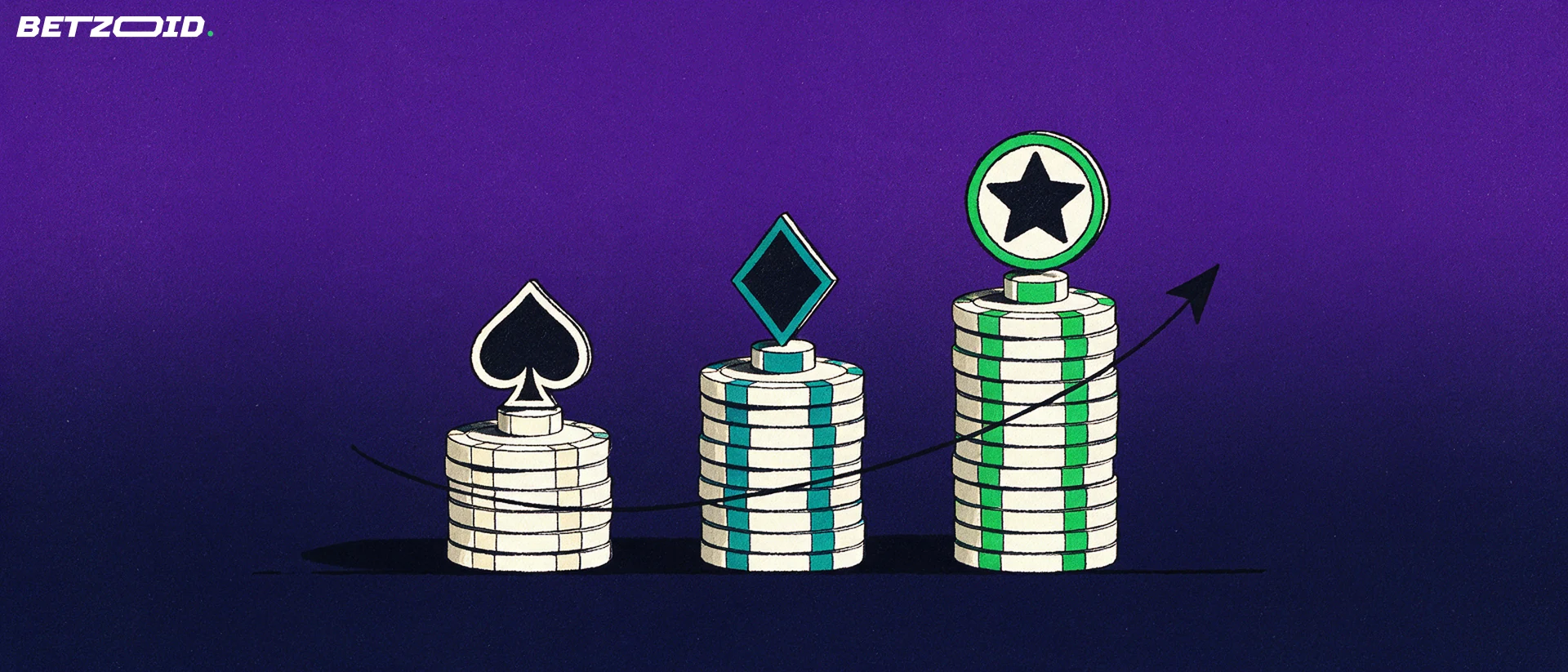 Illustration von drei unterschiedlich hohen Stapeln aus Casino-Chips mit Karten-Symbolen und einem Stern auf dem höchsten Stapel als Rangvergleich.