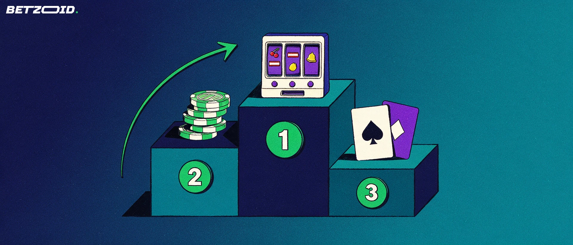 Illustration d'un podium à trois marches numérotées 1, 2 et 3, chaque marche portant un symbole de casino : rouleau de machine à sous, pile de jetons et figures de cartes.