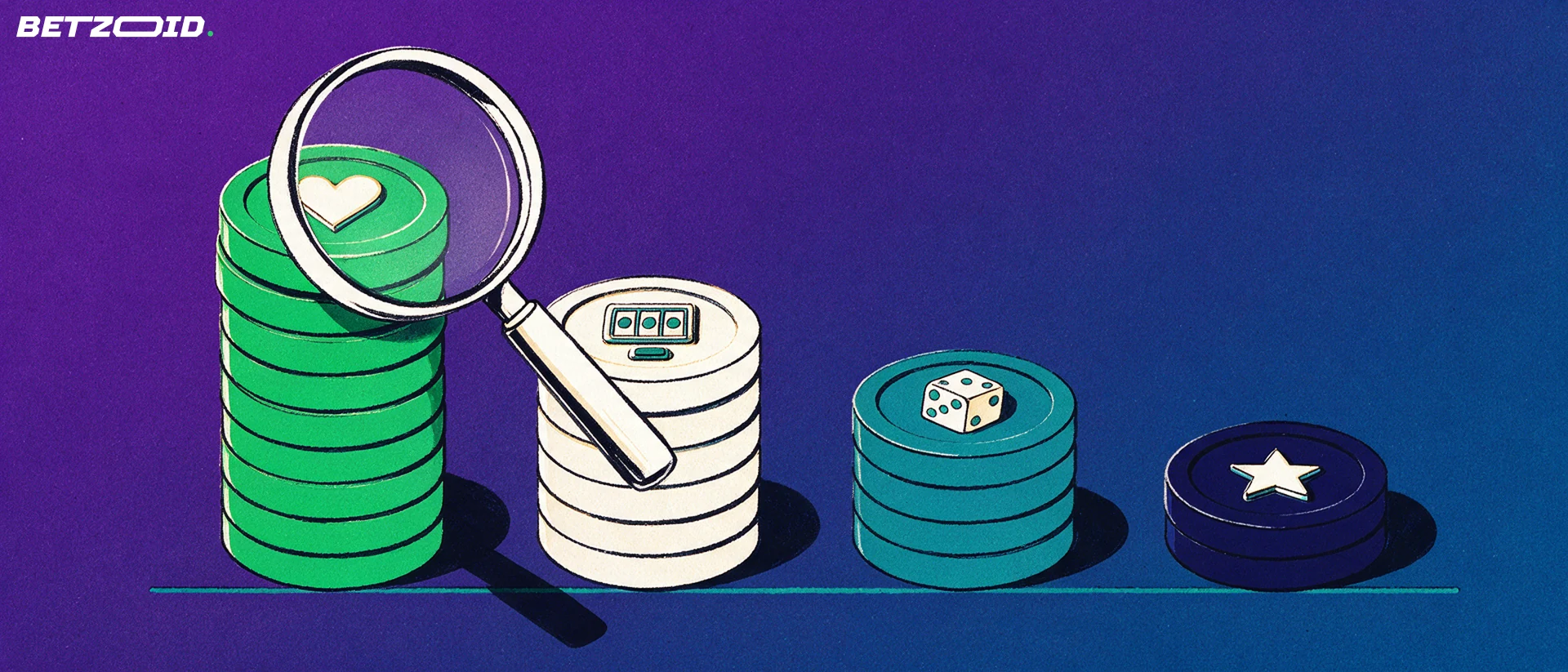 Illustration de quatre piles de jetons de casino de hauteurs décroissantes surmontées de symboles de jeux, examinées par une grande loupe.