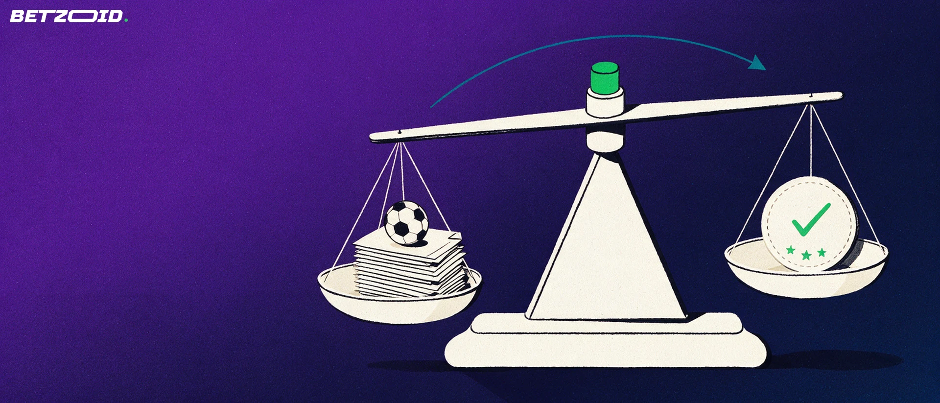 Illustrasjon av en vektskål som veier blanke tippekuponger og en fotball mot et godkjentmerke med stjerner.