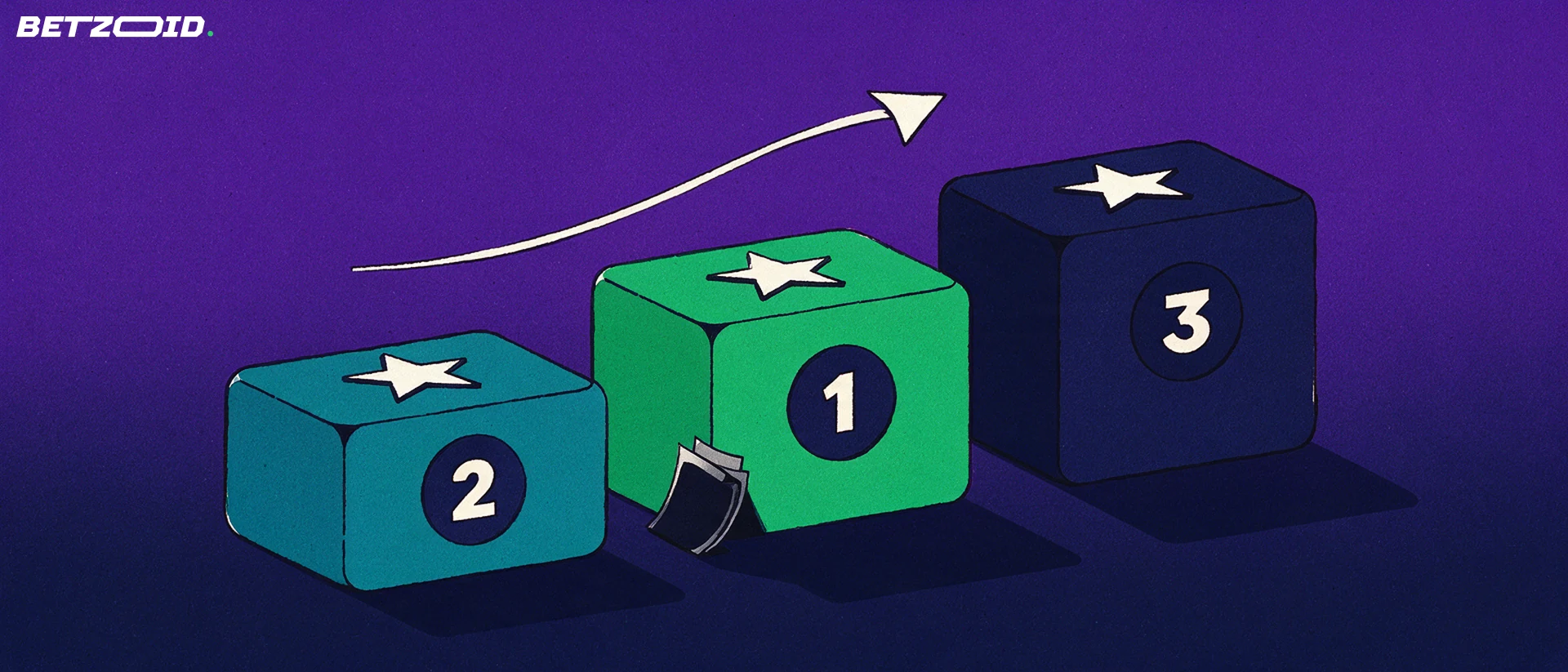 Illustration av tre olika höga podieblock märkta 1, 2 och 3 med stjärnor på toppen och en spelkupong bredvid.