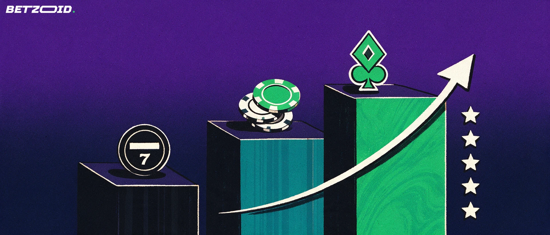 Illustration af tre podier i forskellig højde med kortsymbol, jetonstak og spilleautomathjul samt stjerner og en opadgående pil.