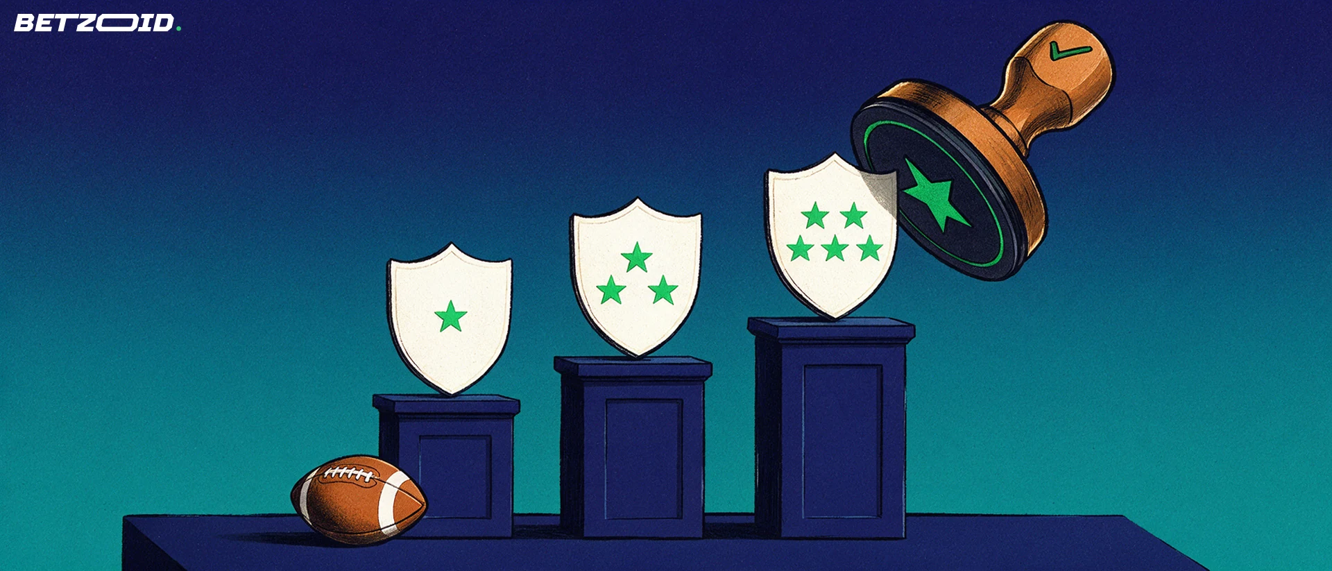 Illustratie van drie oplopende podiums met blanco schildbadges en steeds meer sterren, waarboven een grote stempel met sterretje neerdaalt.