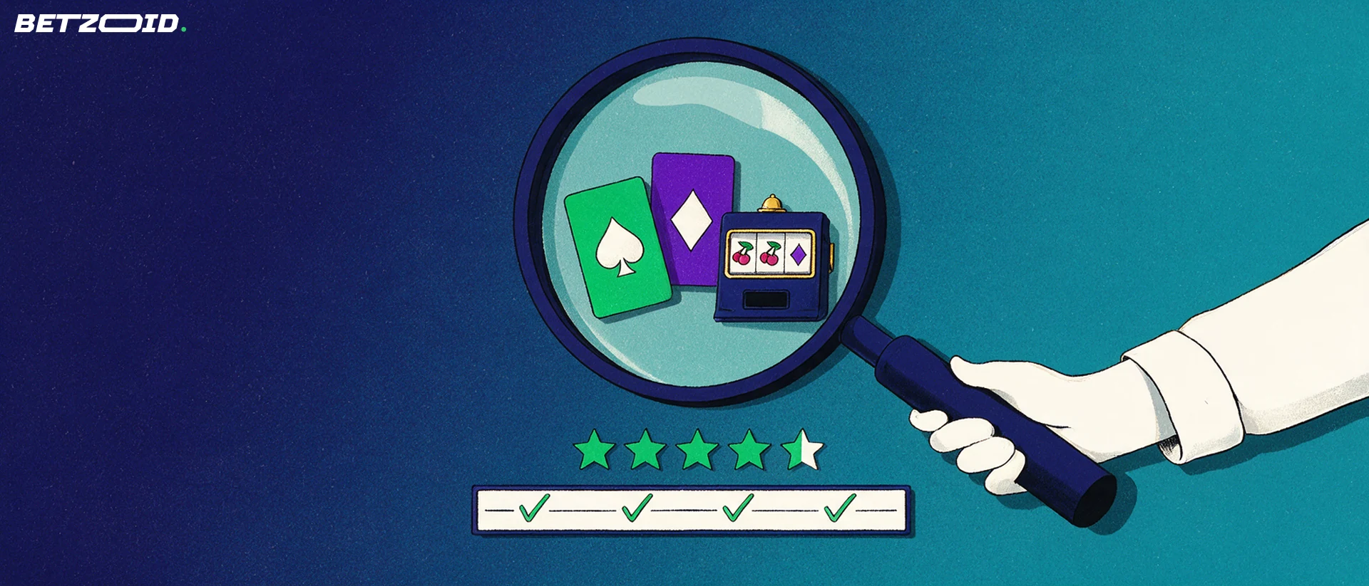 Illustratie van een vergrootglas boven kaartsymbolen en een slotrol, met sterren en vinkjes als beoordeling van casino's.