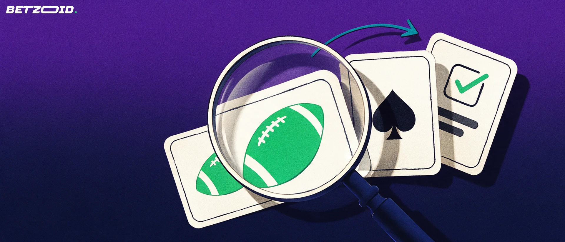 Ilustração de uma lupa examinando cartões com símbolos de futebol, naipe de carta e lista com visto de verificação.