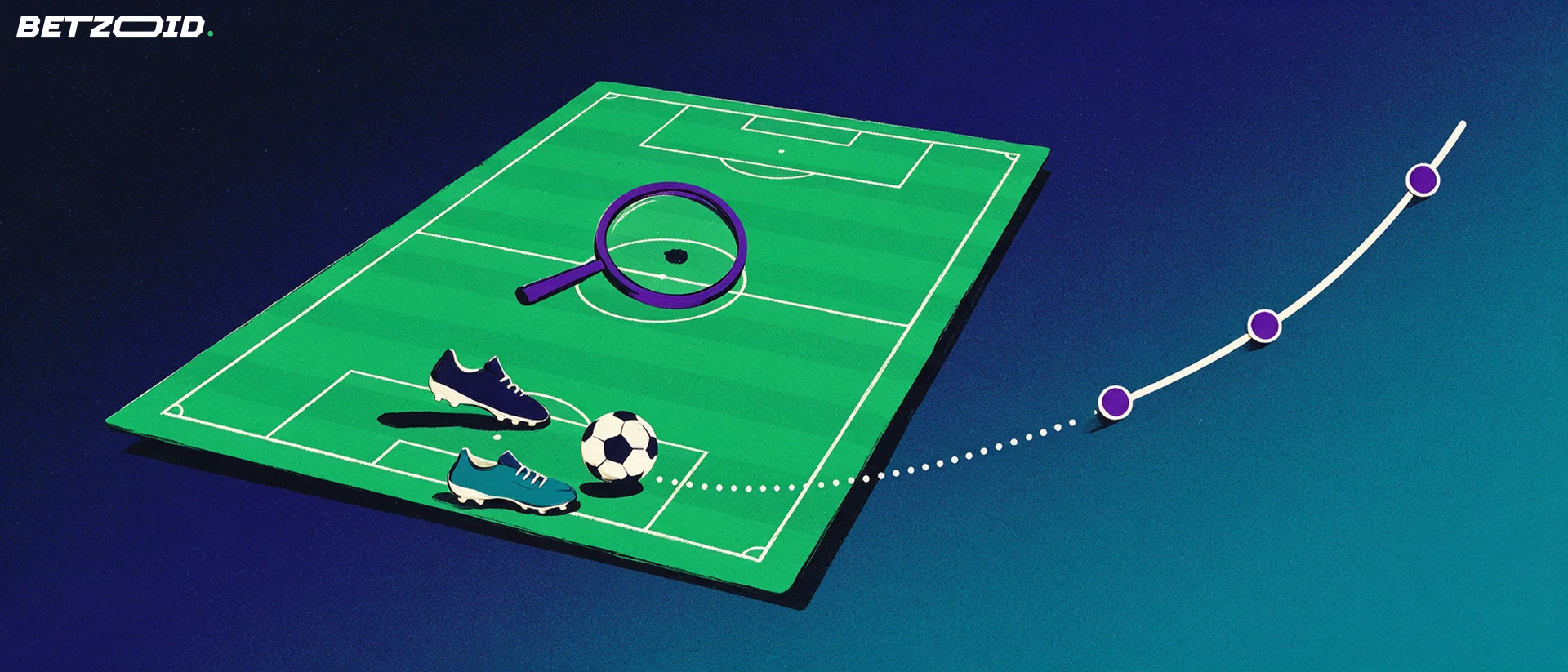 Illustrazione di un campo da calcio inclinato con un pallone, una lente di ingrandimento e una curva ascendente che rappresenta l'analisi delle partite