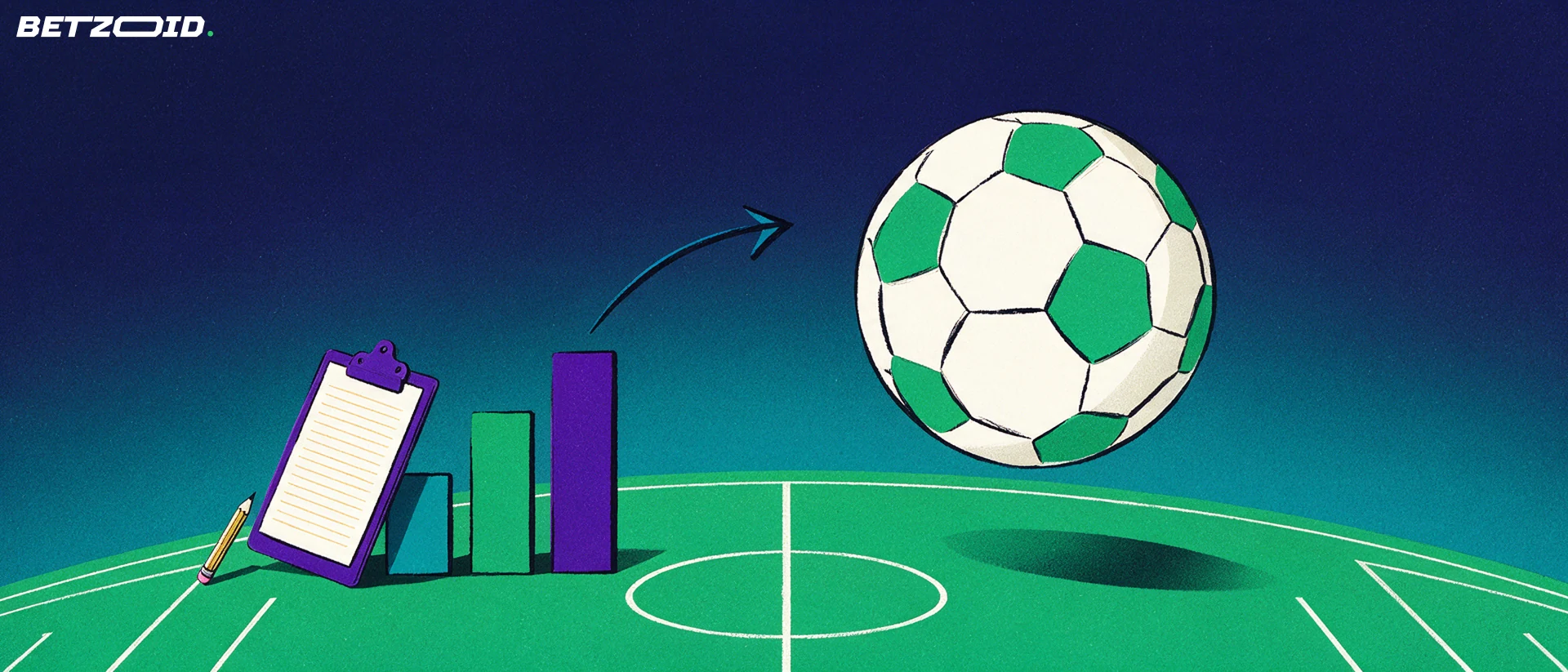 Illustrazione di un pallone da calcio su una porzione di campo verde accanto a barre statistiche crescenti e a una lavagnetta per l'analisi
