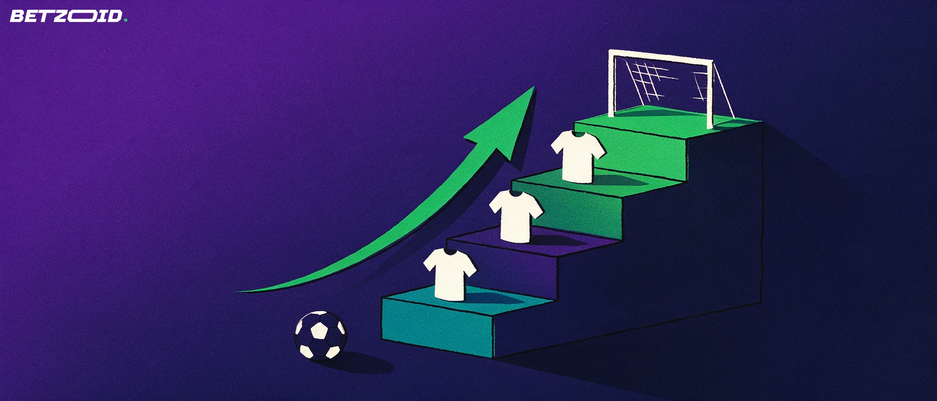 Illustrazione di una scala con maglie da calcio stilizzate e una freccia verde che sale verso una porta da calcio, con un pallone alla base