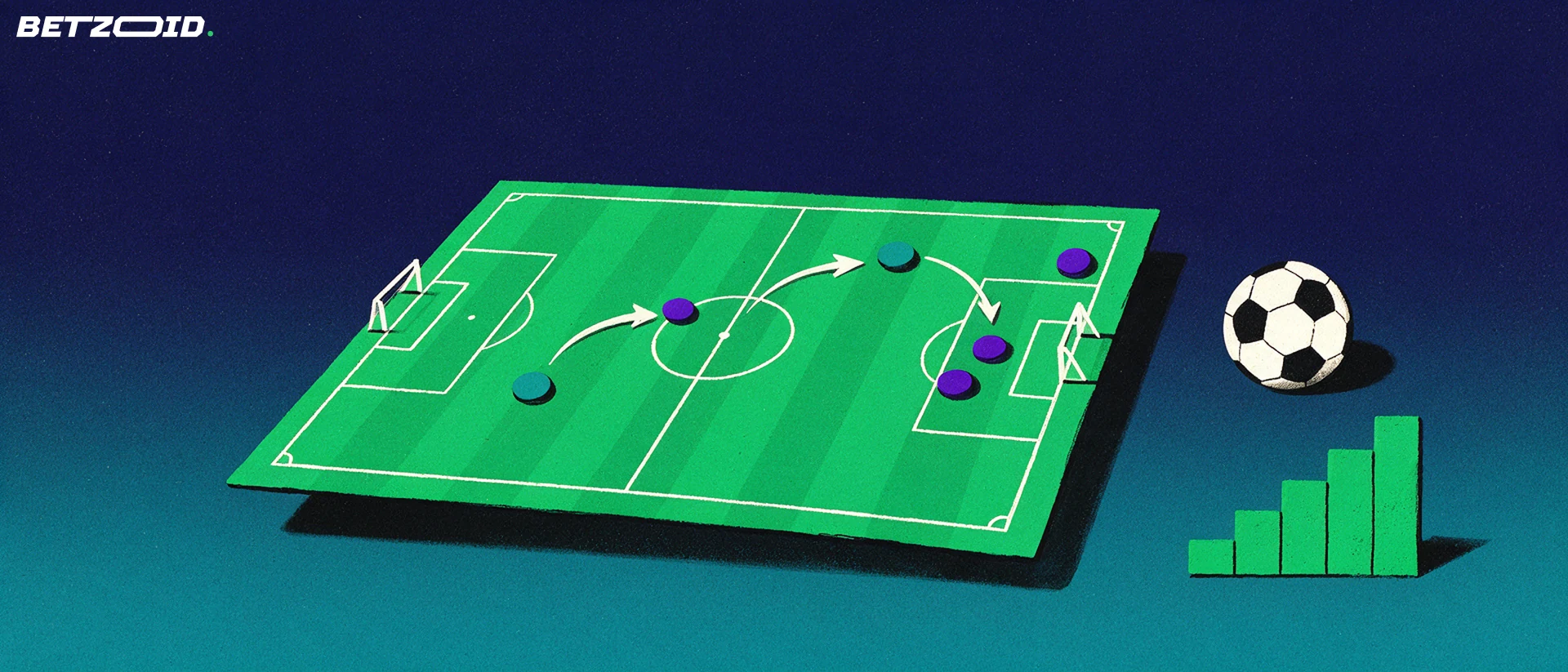 Illustrazione di un campo da calcio inclinato con pedine e frecce che indicano uno schema di gioco, accanto a un pallone e a un semplice grafico a barre.