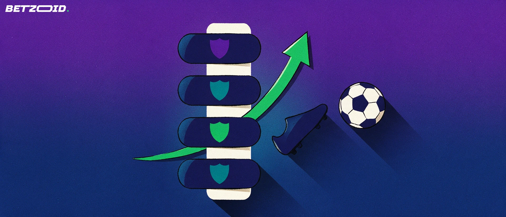 Illustrazione di una classifica a barre con scudetti astratti e una freccia verde in salita, accanto a uno scarpino e un pallone da calcio.