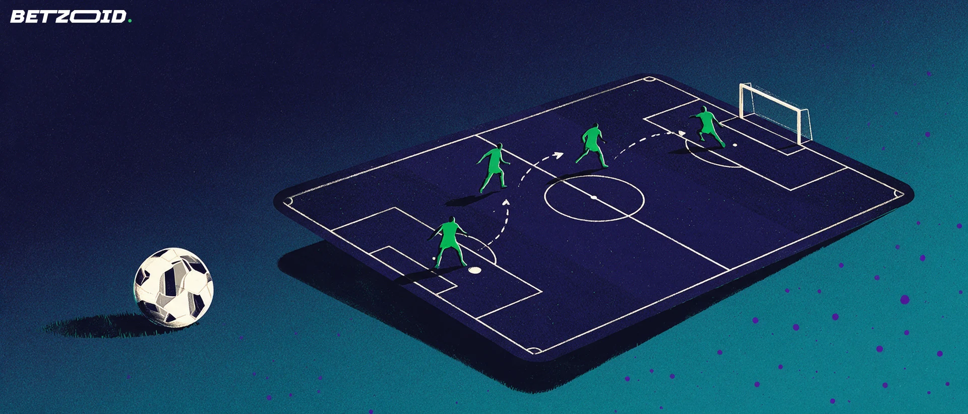 Illustrazione di un campo da calcio visto dall'alto con sagome di giocatori e frecce che indicano uno schema di gioco.