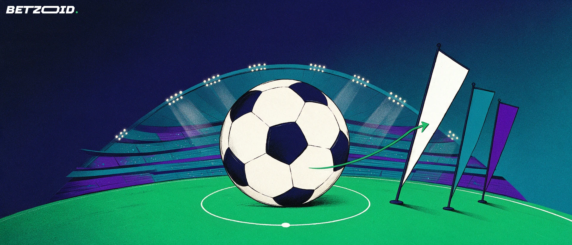 Illustrazione di un pallone da calcio su un arco di campo verde davanti a tribune stilizzate e tre gagliardetti, con una freccia che indica un pronostico
