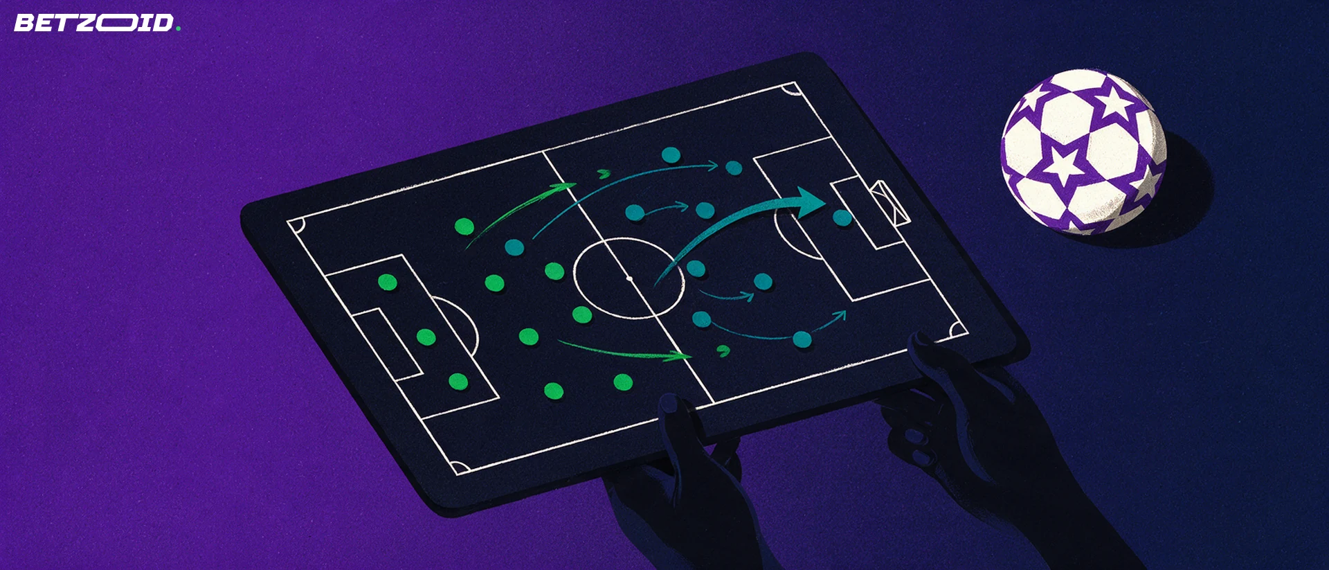Illustrazione di una lavagna tattica di calcio con due formazioni di punti e frecce verso la porta, accanto a un pallone stilizzato a spicchi